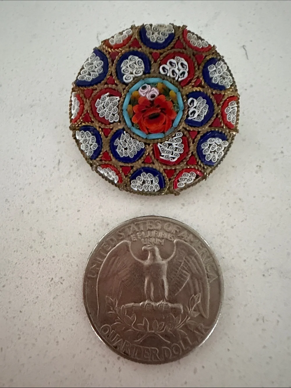 Vintage Antique Handcrafted Micro Mosaic Italy Brooch Red, Blue & White